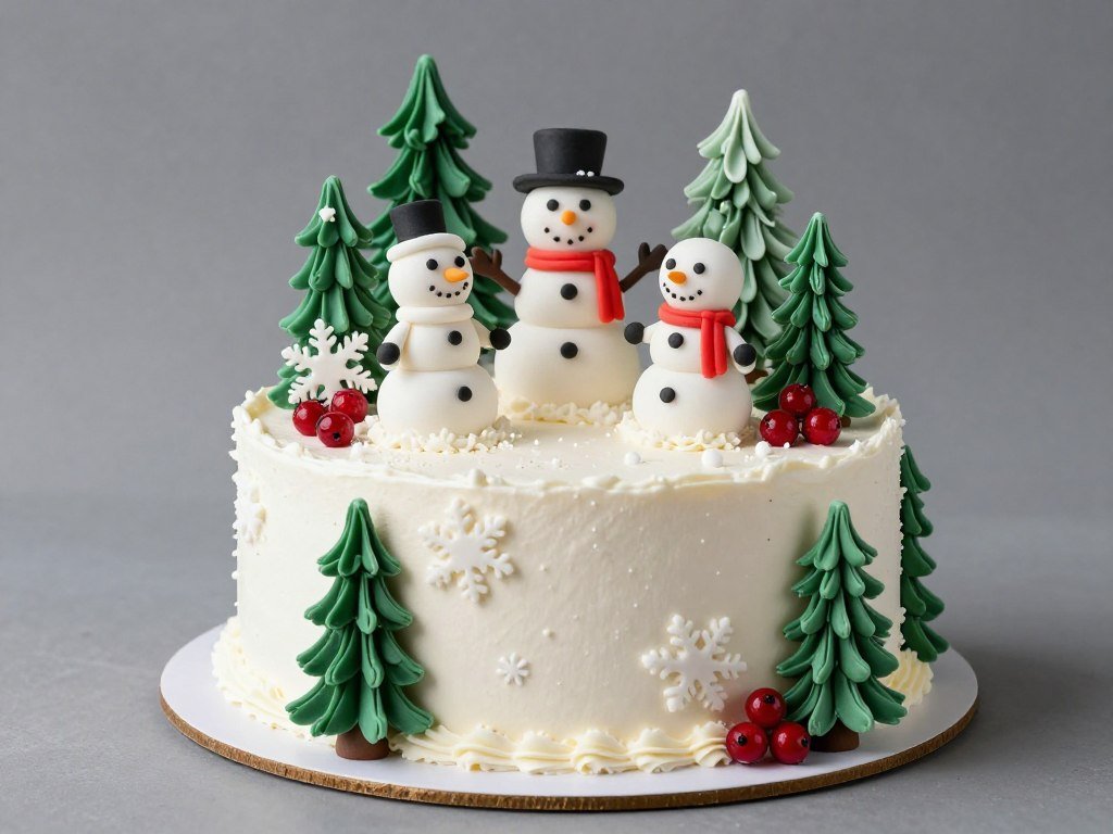 Christmas cake with fondant snowmen and winter decorations