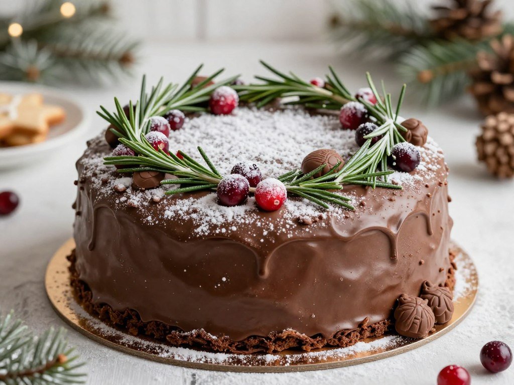 Christmas chocolate cake decorated with winter elements like rosemary sprigs and powdered sugar snow Christmas chocolate cake decorated with winter elements like rosemary sprigs and powdered sugar snow