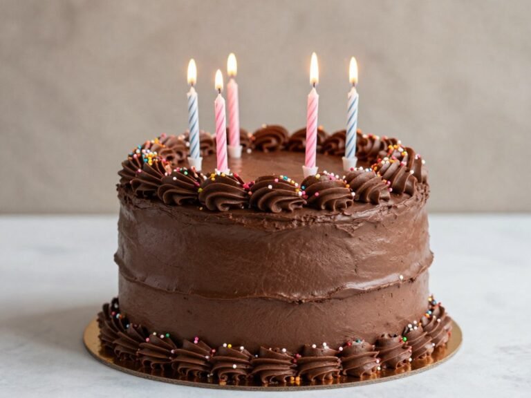 Classic chocolate birthday cake with buttercream frosting and colorful sprinkles