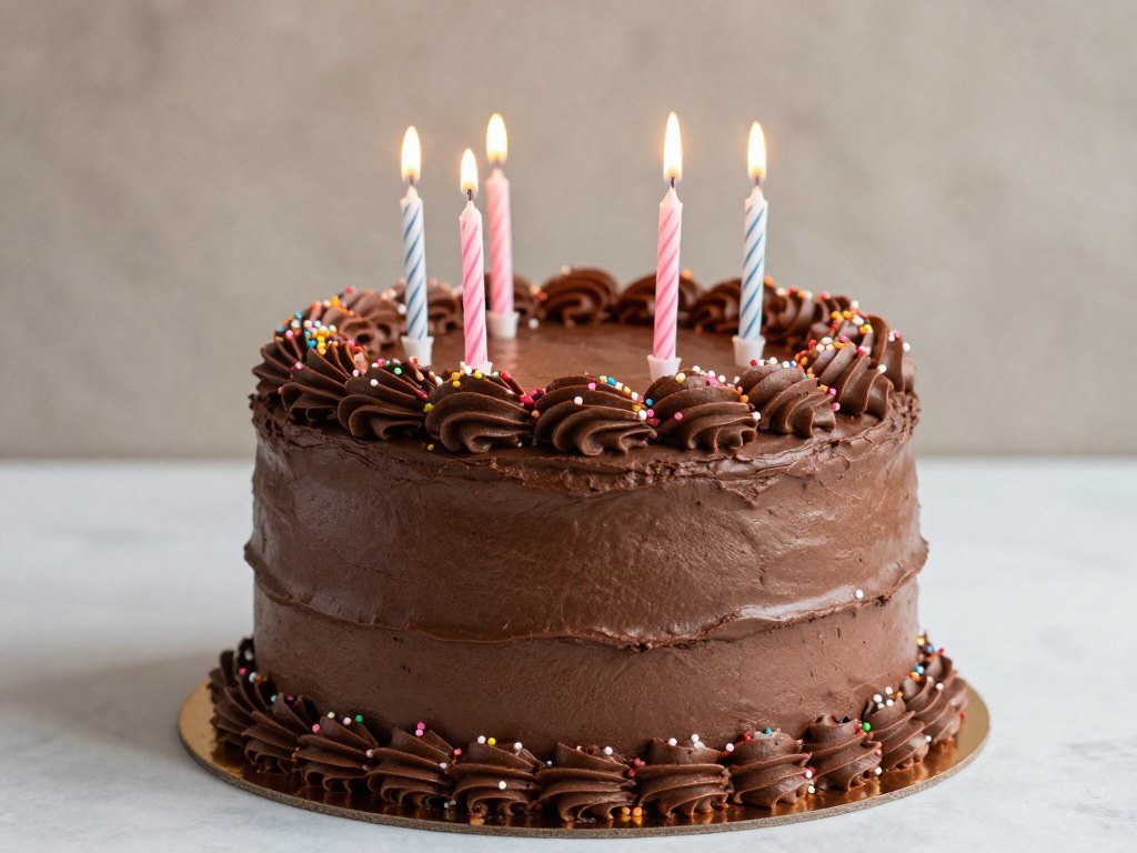 Classic chocolate birthday cake with buttercream frosting and colorful sprinkles