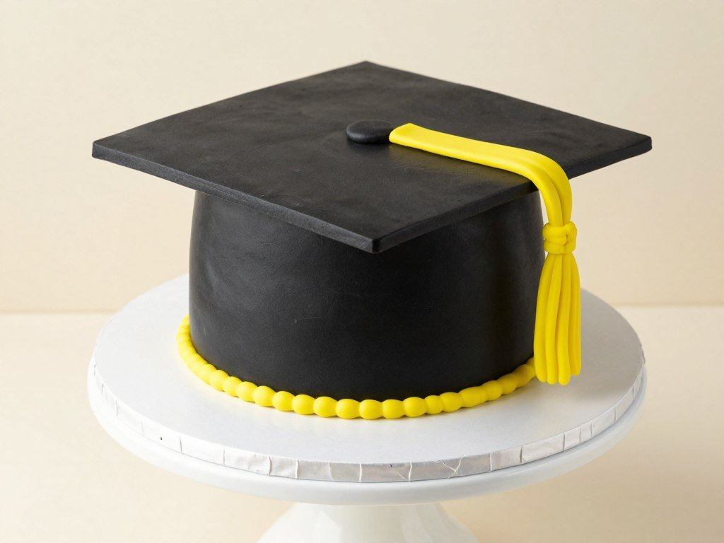 Classic graduation cap cake with black fondant and tassel
