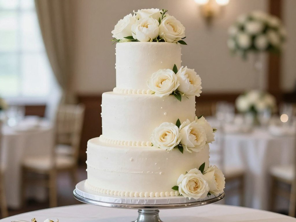 Classic white wedding cake with cascading fresh flowers and subtle piping details