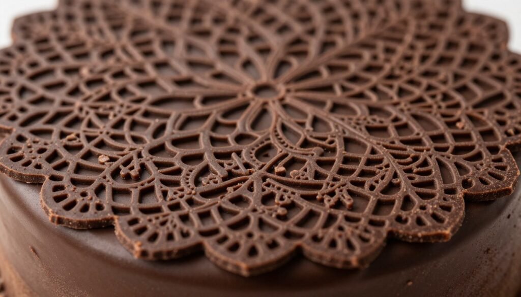 Close-up of intricate chocolate lace work decoration on a chocolate cake Close-up of intricate chocolate lace work decoration on a chocolate cake