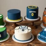 Collection of cake designs for men featuring sports themes, whiskey barrels, and hobby-inspired decorations arranged on a rustic wooden table