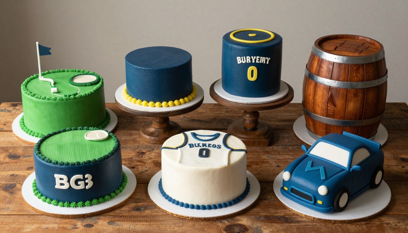 Collection of cake designs for men featuring sports themes, whiskey barrels, and hobby-inspired decorations arranged on a rustic wooden table