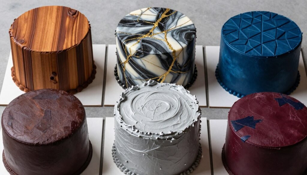 Collection of cake samples showing masculine color palettes and finishing techniques including wood grain, marble, and metallic effects