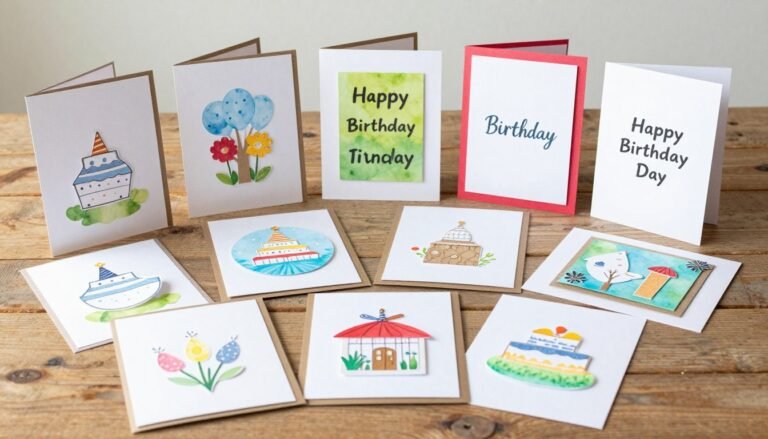 Collection of colorful DIY happy birthday cards displayed on a wooden table