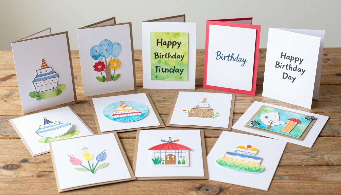 Collection of colorful DIY happy birthday cards displayed on a wooden table