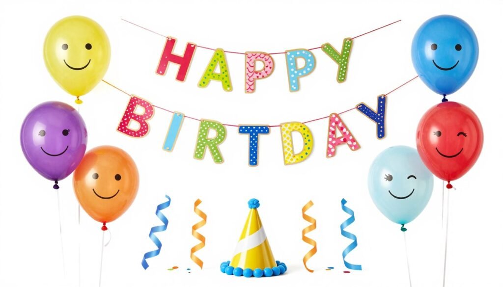 Collection of cute birthday decorations including balloons and banners