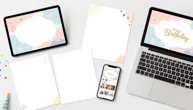 Collection of different happy birthday template types including digital and printable formats