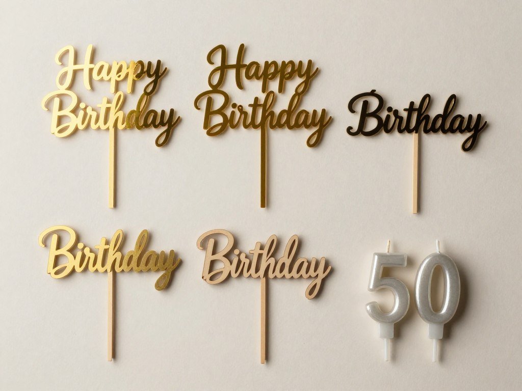 Collection of modern happy birthday cake toppers in gold, acrylic, and wood materials Collection of modern happy birthday cake toppers in gold, acrylic, and wood materials