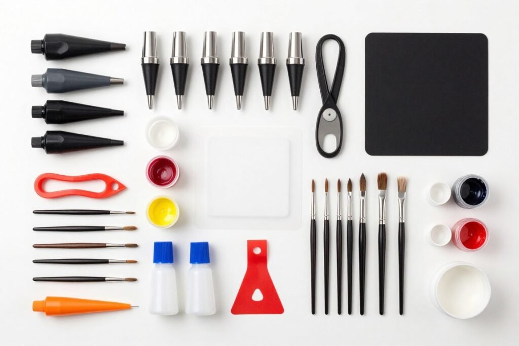 Collection of professional bow cake design tools and materials