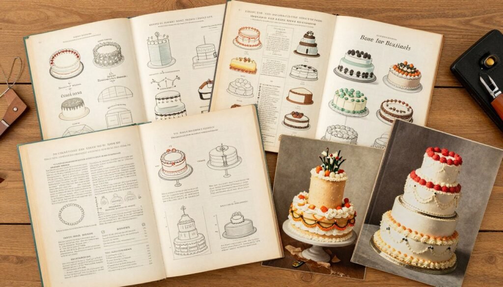 Collection of vintage cake decorating books, templates and reference materials