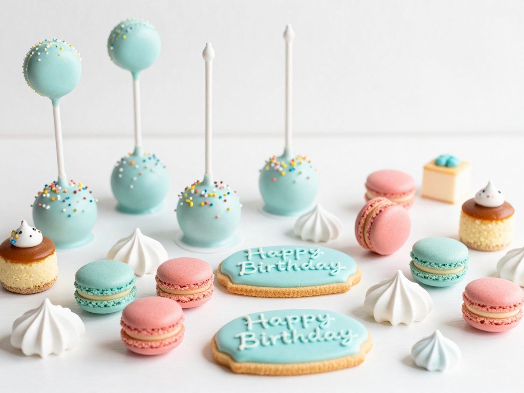 Color-coordinated birthday desserts including macarons, cake pops, and cookies in matching party colors Color-coordinated birthday desserts including macarons, cake pops, and cookies in matching party colors