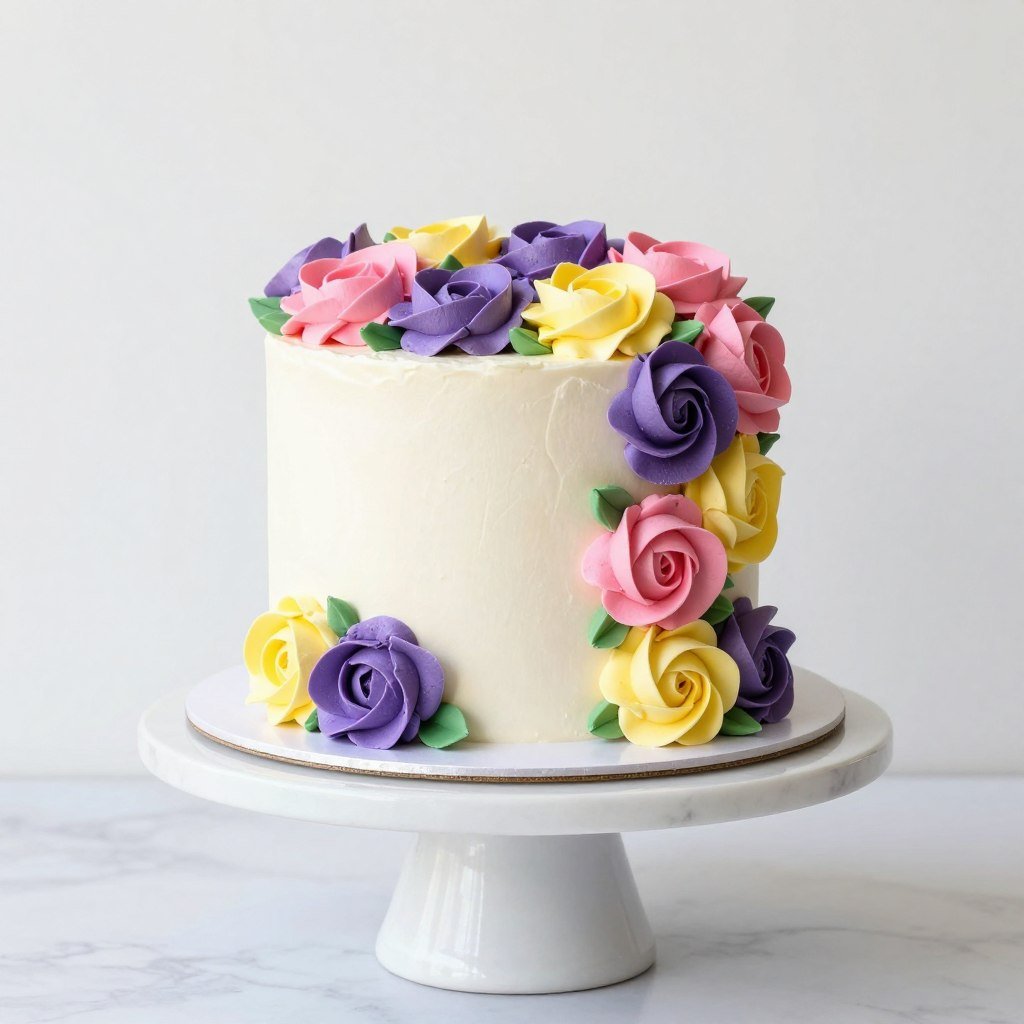 Colorful aesthetic cake with vibrant buttercream flowers and modern design elements