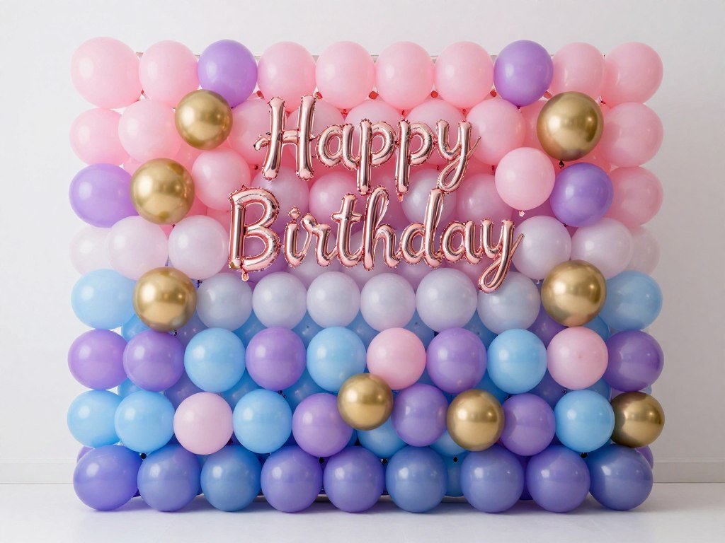 Colorful balloon wall backdrop with 'Happy Birthday' lettering for party photos Colorful balloon wall backdrop with 'Happy Birthday' lettering for party photos