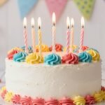 Colorful birthday cake with lit candles against a festive background, perfect for happy birthday quotes