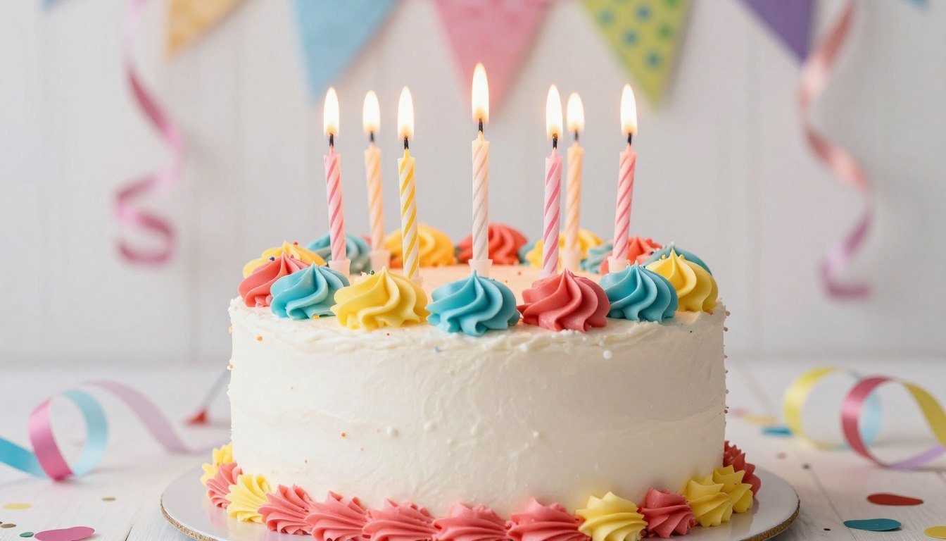 Colorful birthday cake with lit candles against a festive background, perfect for happy birthday quotes