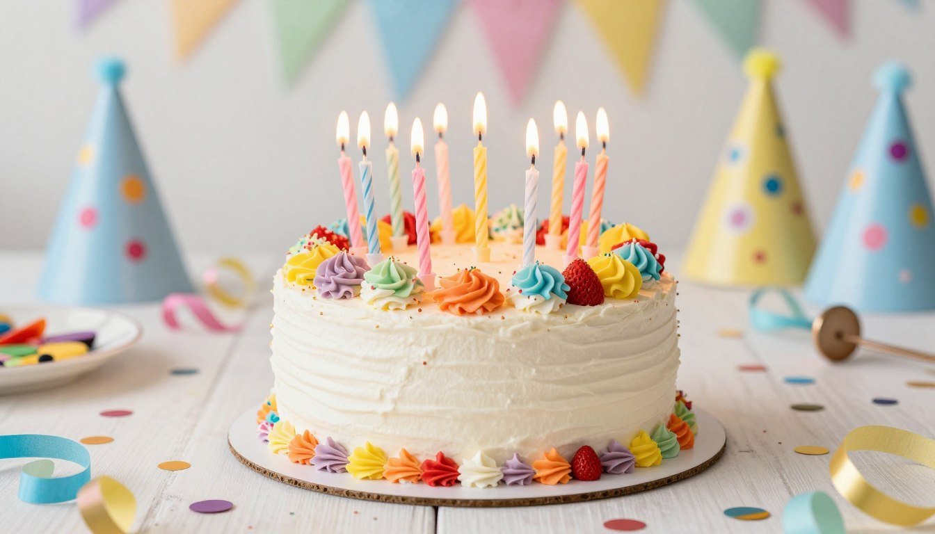 Colorful birthday cake with lit candles on a festive table with confetti and party decorations
