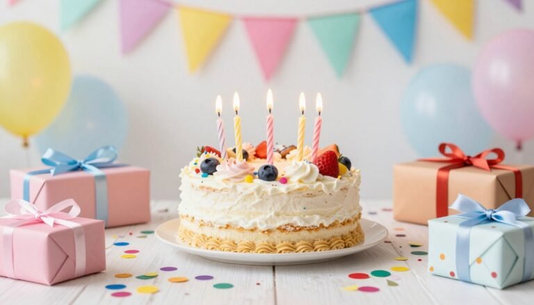 Colorful birthday celebration with cake, candles, and confetti representing happy birthday messages