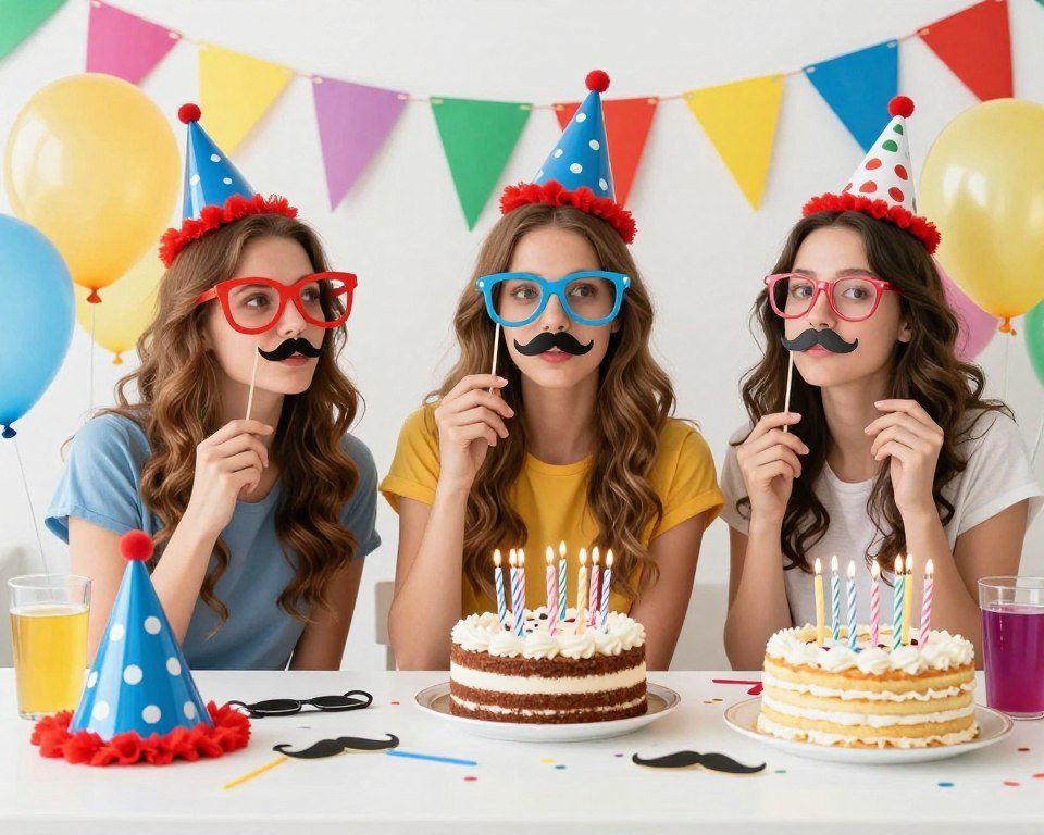 Colorful birthday party setup with funny props representing humorous happy birthday best friend quotes