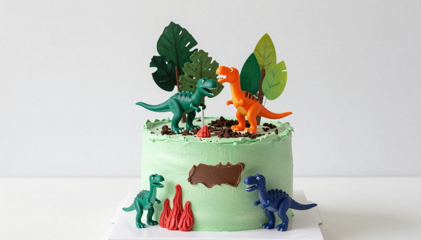 Colorful dinosaur cake design for kids with fondant dinosaur figures and volcanic decorations