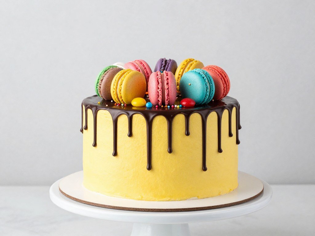 Colorful drip happy birthday cake with macarons and sprinkles Colorful drip happy birthday cake with macarons and sprinkles