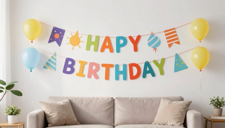 Colorful happy birthday banner hanging across a decorated party space with balloons