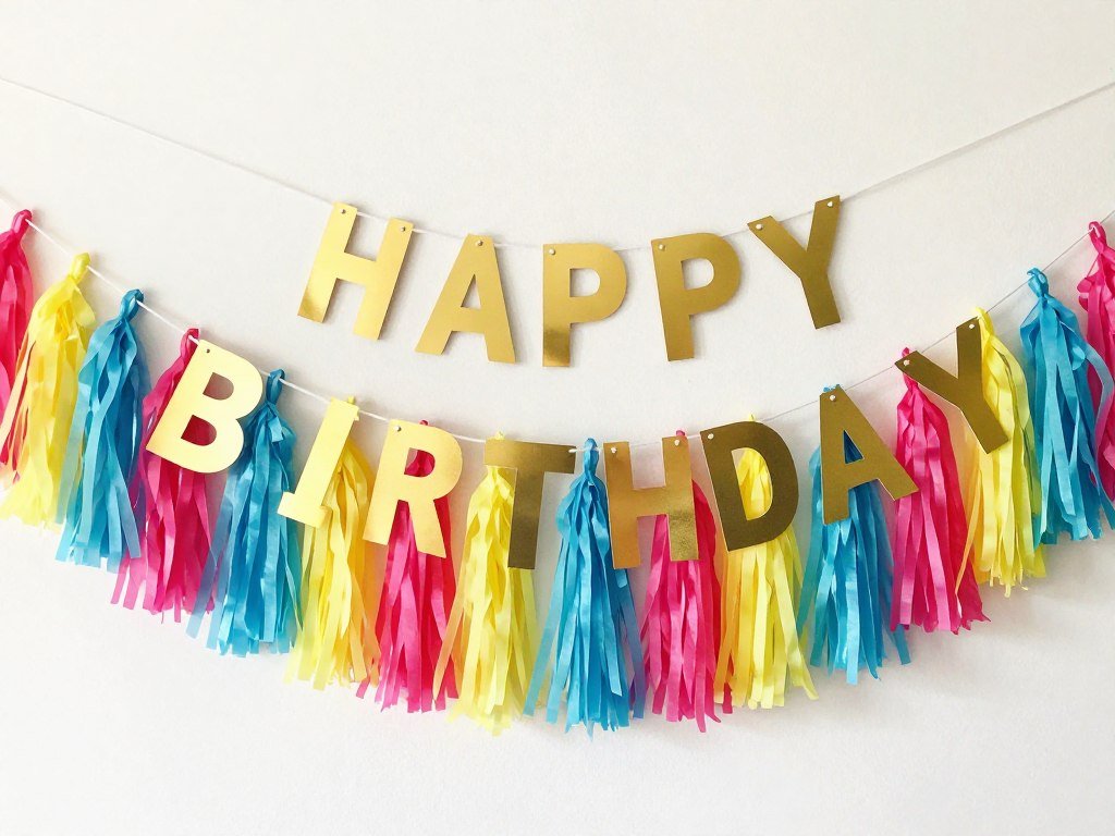 Colorful tassel happy birthday banner with gold lettering Colorful tassel happy birthday banner with gold lettering