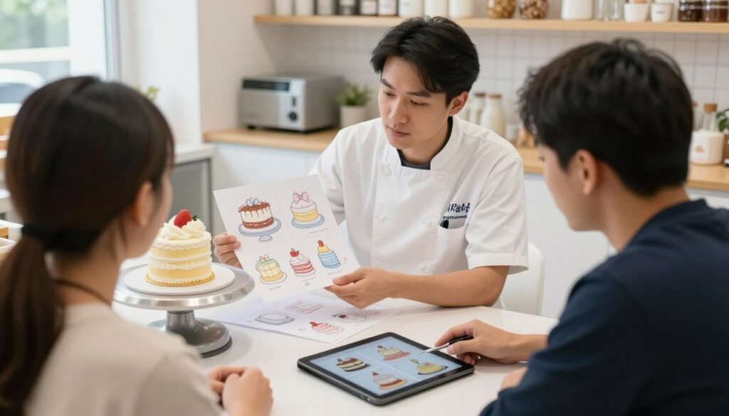 Consultation with a professional baker about baby shower cake design