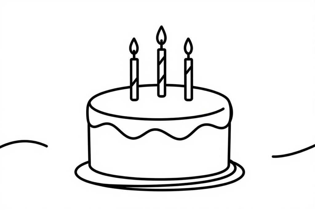 Continuous line drawing of a birthday cake with decorative elements
