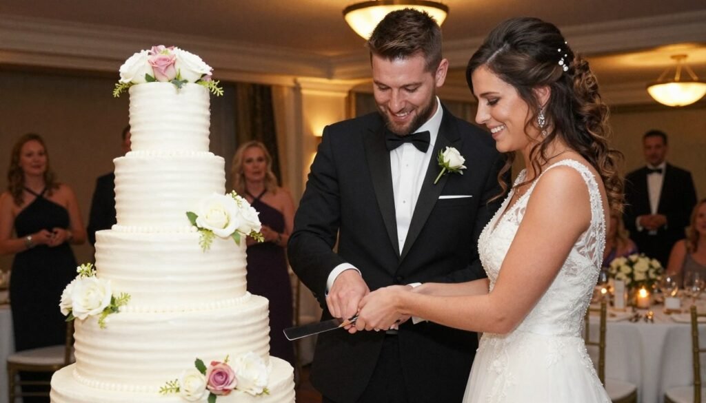 Couple cutting their personalized wedding cake at reception