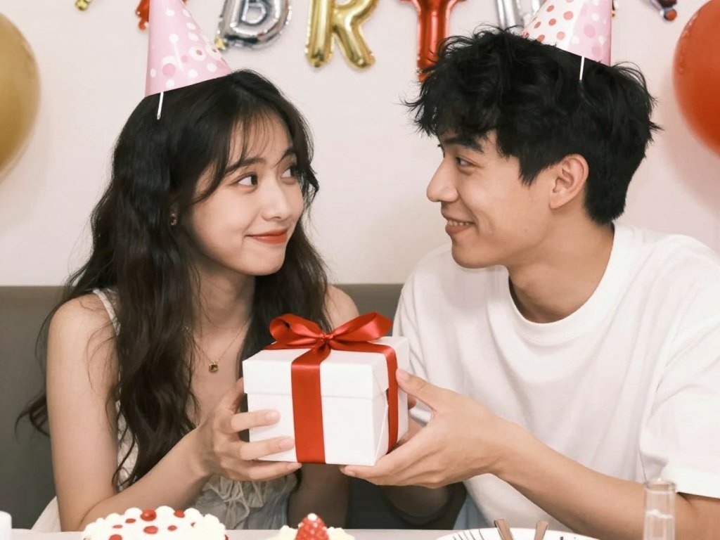 Couple exchanging gifts with special happy birthday wishes