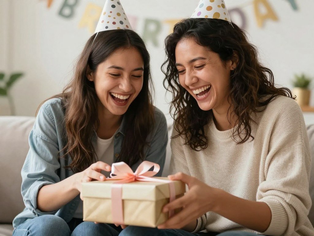 Couple laughing together as one opens a funny birthday gift