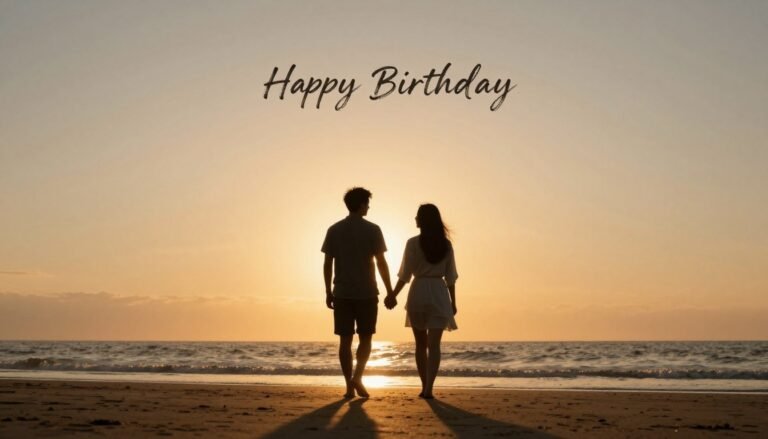 Couple walking on beach at sunset for romantic birthday quotes for him