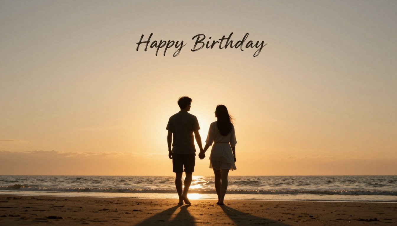 Couple walking on beach at sunset for romantic birthday quotes for him