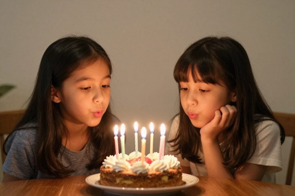 Cousins engaged in a birthday tradition like blowing out candles together