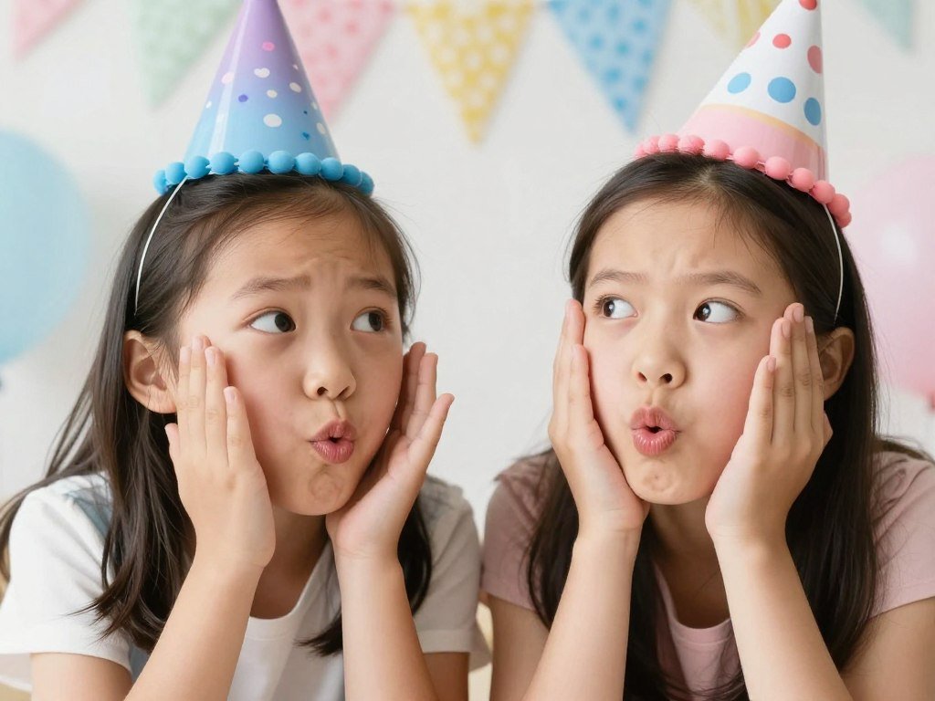 Cousins making funny faces at a birthday party
