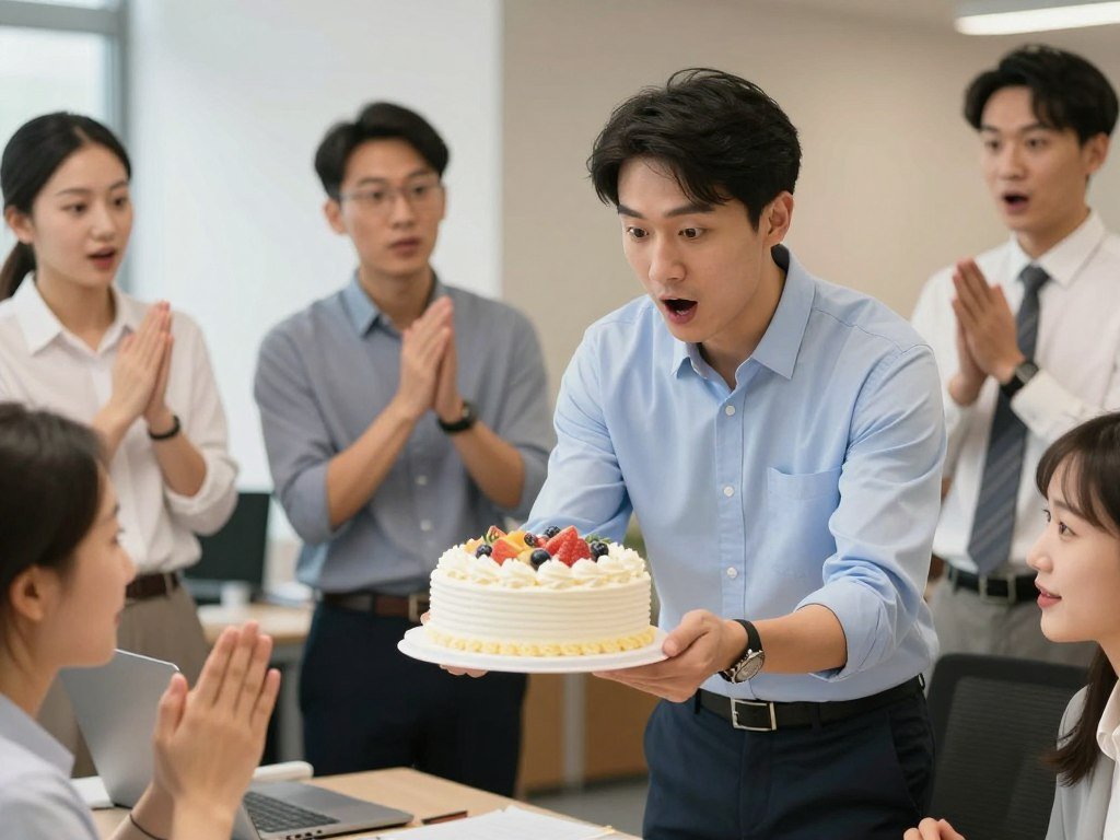 Coworker being surprised with a birthday cake at the office Coworker being surprised with a birthday cake at the office