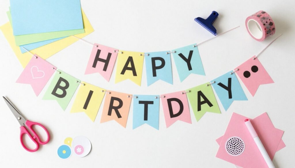 Crafting supplies for DIY happy birthday banner including colored paper, scissors, and string Crafting supplies for DIY happy birthday banner including colored paper, scissors, and string