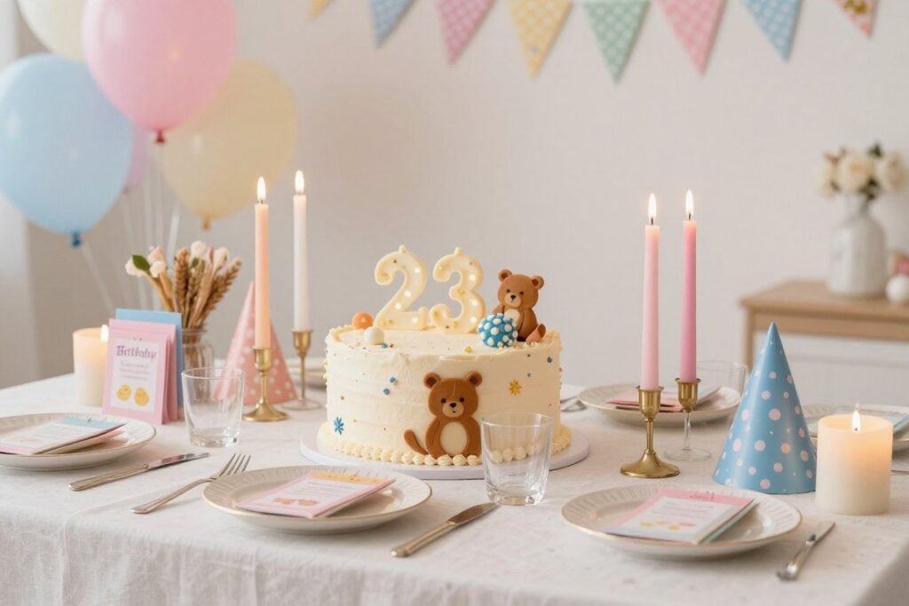 Creative birthday party setup with cake, candles and decorations