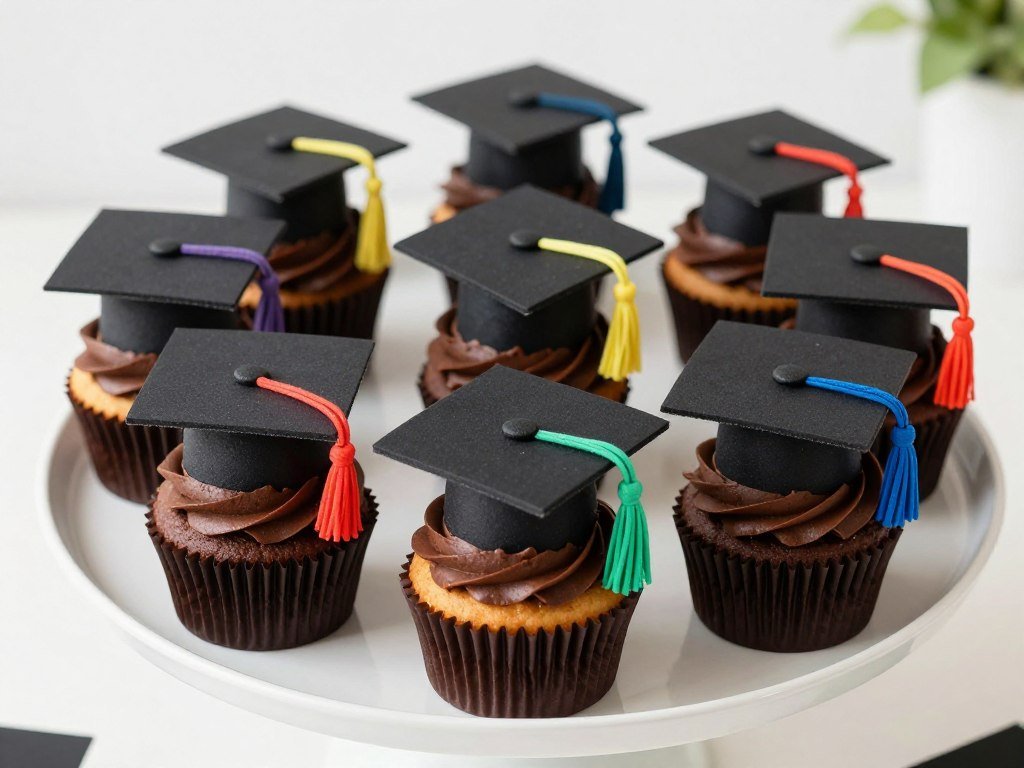 Cupcakes decorated as miniature graduation caps with tassels