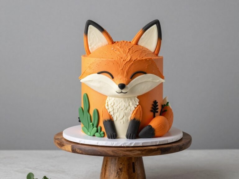 Cute fox cake design with orange fondant and woodland details