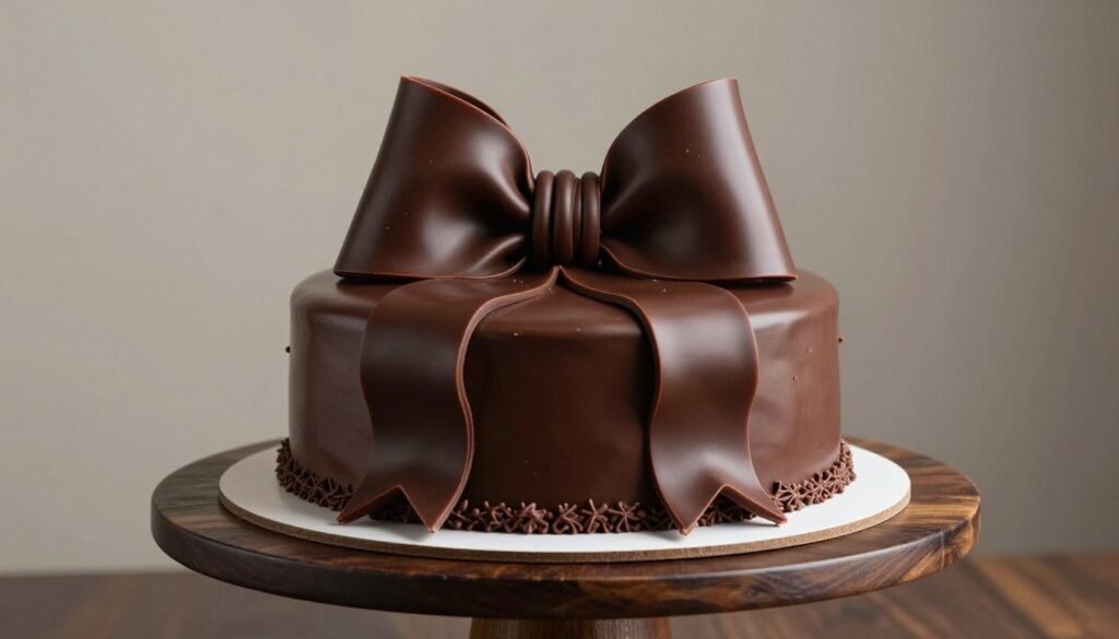 Dark chocolate bow cake design with glossy finish on a chocolate cake