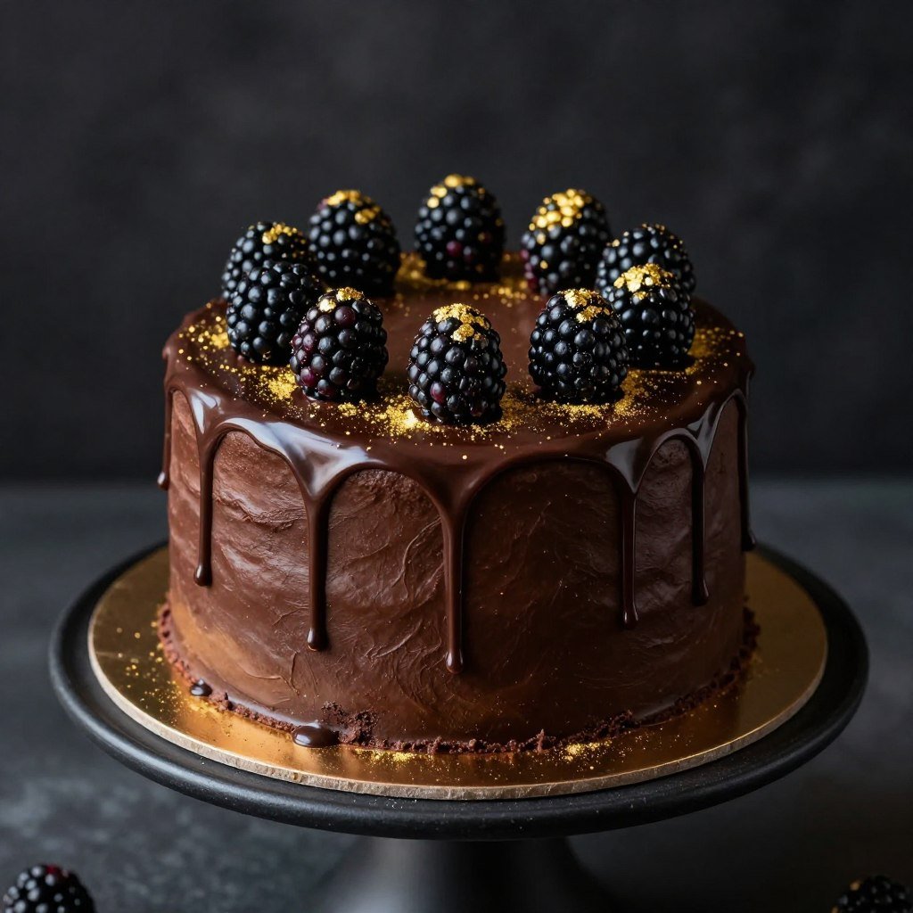 Dark chocolate drip cake with fresh blackberries and gold dust