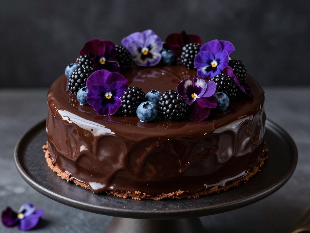 Dark chocolate ganache cake with fresh berries and edible flowers