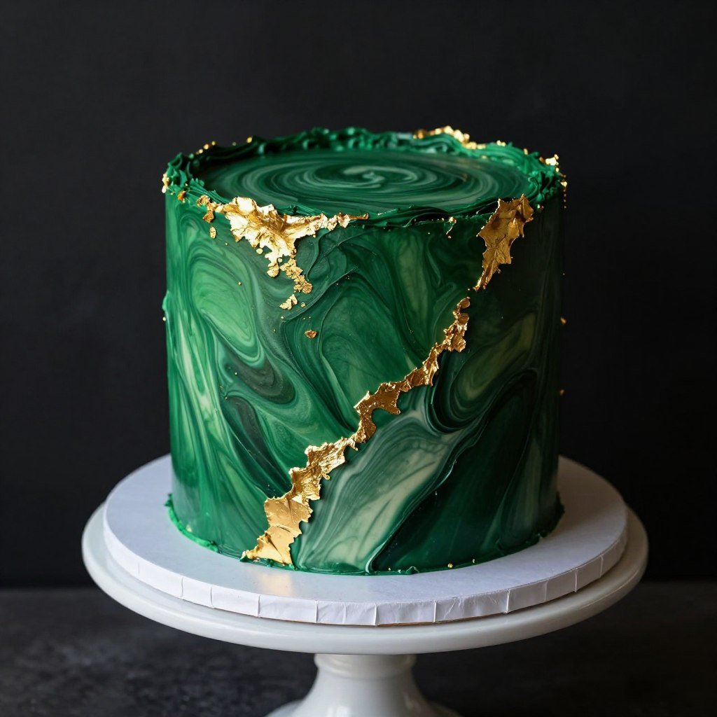 Deep emerald green cake with gold leaf and marble effect