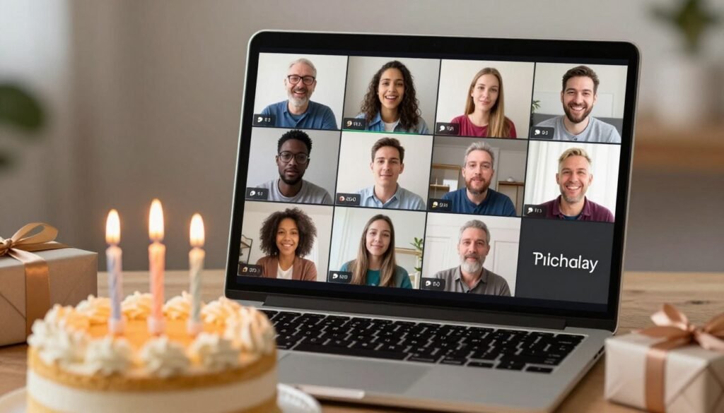 Digital birthday celebration with video call showing family singing happy birthday