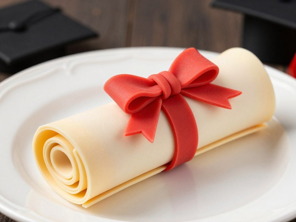 Diploma roll cake with realistic parchment texture and red ribbon