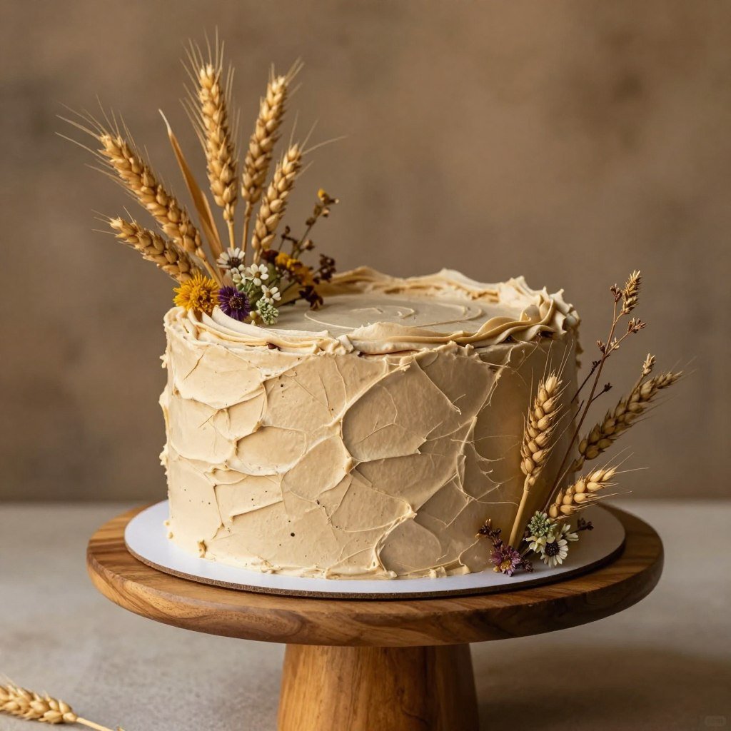 Earthy textured cake with dried wheat and wildflowers